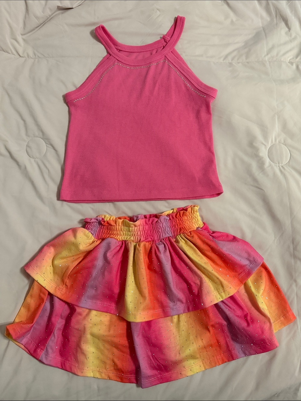 Girls pink rainbow sparkle 2 piece tank top & tiered skirt set